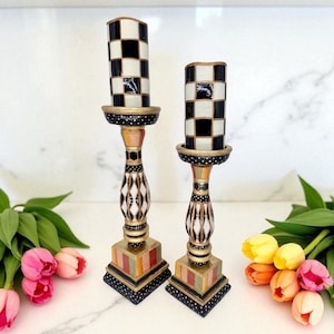 Set Of Hand Painted Whimsical  Candlesticks 15.5”/ 12.5&quot;