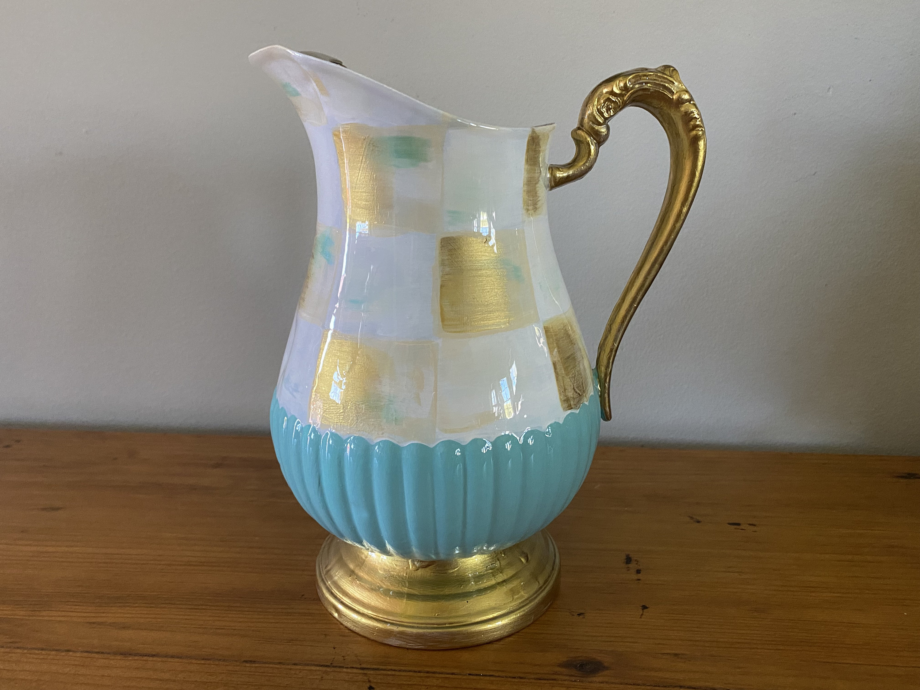 Vintage Silver Gold and White Check Hand Painted Teal PolkaDot Vase