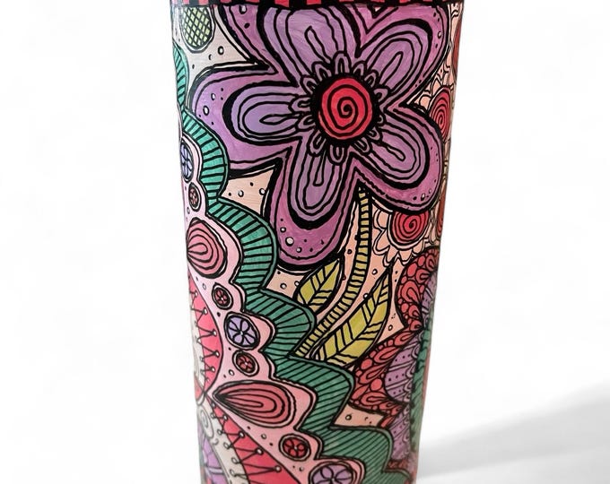 Vase hand painted-birthday gift-home decor-garden love-flowers-funky-friend gift-doodles-pink-purple repurposed wine bottle