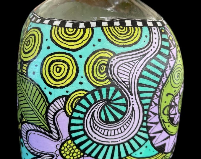 Recycled Patron bottle hand painted 8.25” tall colorful aqua purple green doodles