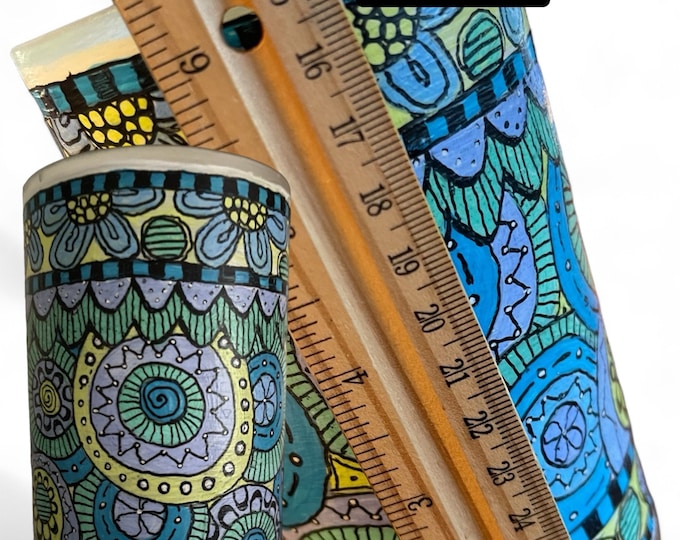 Recycled wine bottle hand painted 6” tall colorful blue green doodles