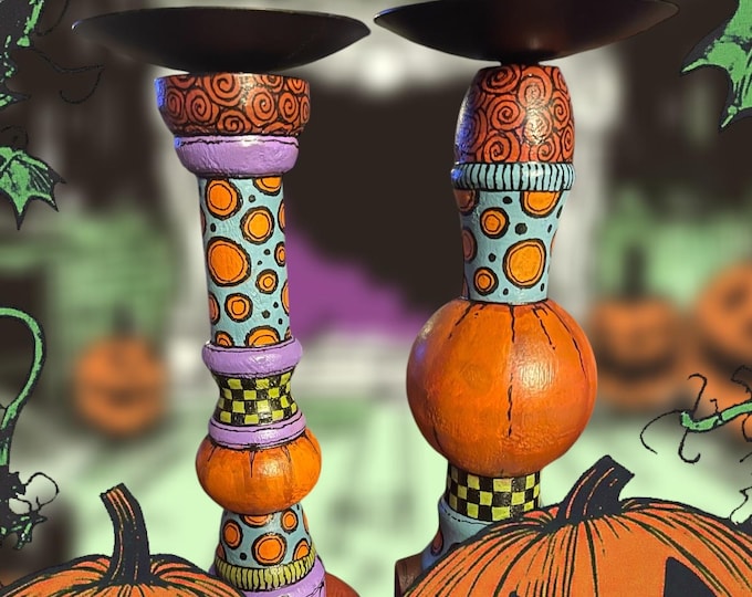 Hand painted Halloween fall candle holder doodles Polka Dots MacKenzie Child Style