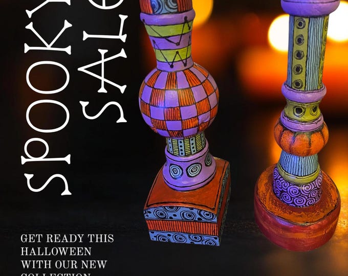 Hand painted Halloween fall candle holder doodles MacKenzie Childs Style Purple Orange