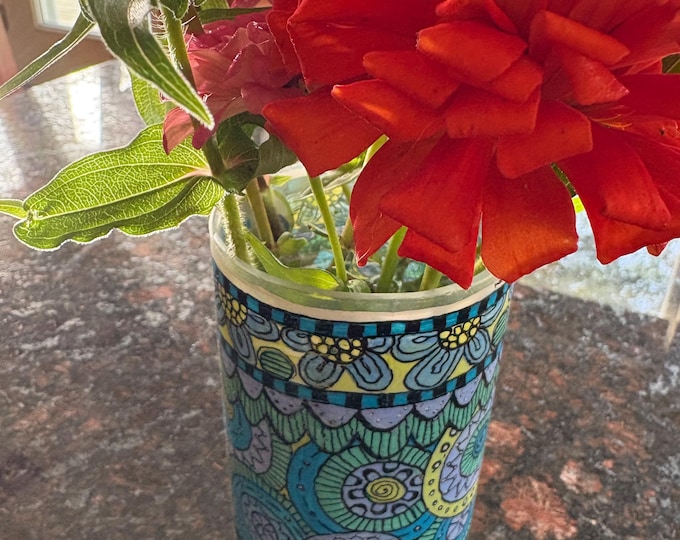 Recycled wine bottle hand painted 6” tall colorful blue green doodles