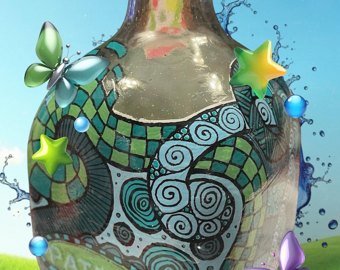 Recycled Patron bottle hand painted 8.25” tall colorful aqua purple green doodles