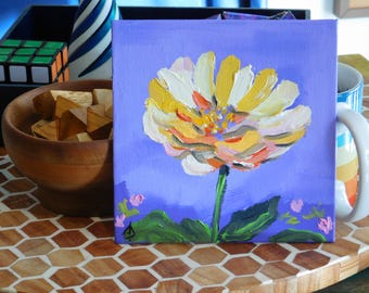 Impasto Flower Oil Painting, 6x6 Small Botanical Art, Yellow & Cream
