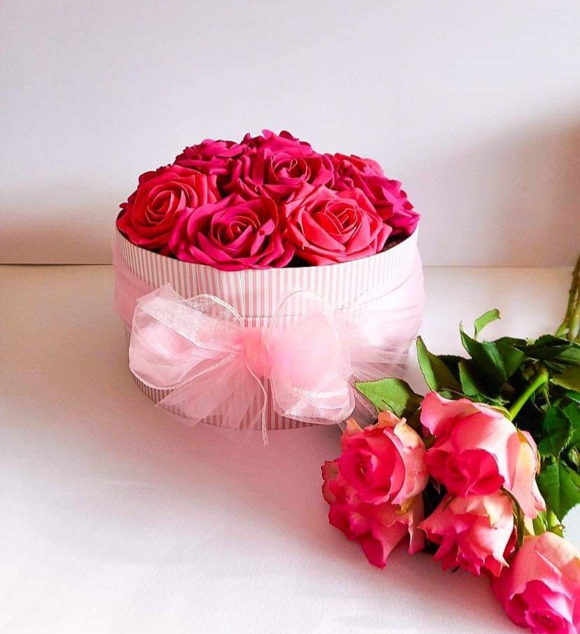 Pink Roses Hand Painted Pink/White Stripes Hat Box 