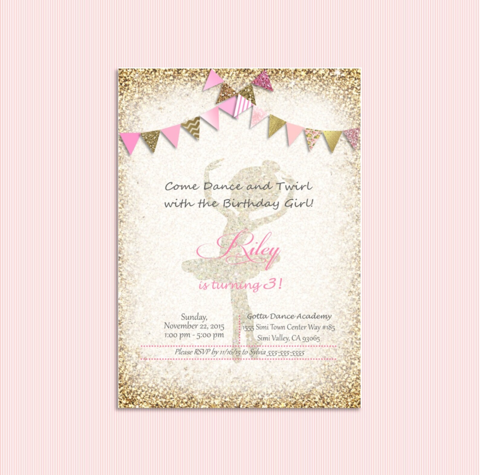 pink and gold ballerina invitation, ballet invitation, bunting. ballerina birthday, bridal shower, baby shower. recital invitati pink and gold ballerina invitation, ballet invitation, bunting. ballerina birthday, bridal shower, baby shower. recital invitati