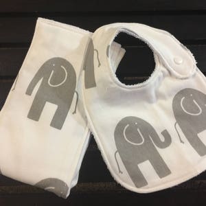 Elephant baby burp cloth and bib in gray and white