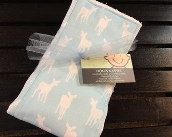 Woods forest animal theme baby boy burp cloth set in light blue fawns, deer, and arrows
