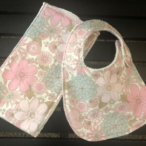 Boho style floral baby girl bib and burp cloth in pink and gray