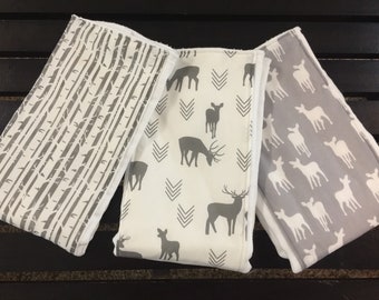 Deer fawn baby boy burp cloth set in light gray fawns and dark gray deer and branches