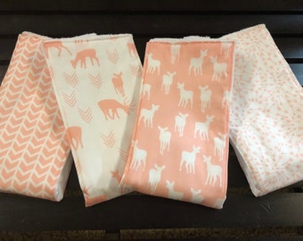 Deer woods forest theme baby girl burp cloth set in Peach Coral fawns and deer