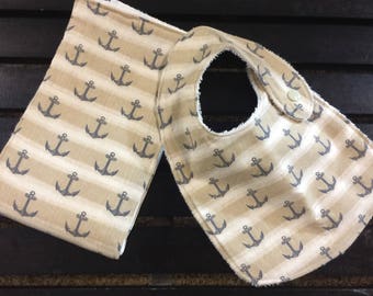 Nautical style anchors baby bib and burp cloth set