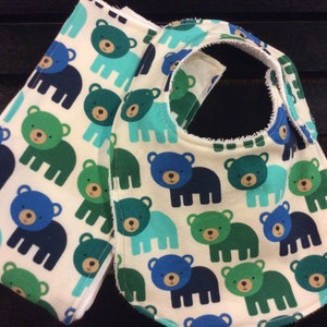 Bear woods forest baby bib and burp cloth set fabric