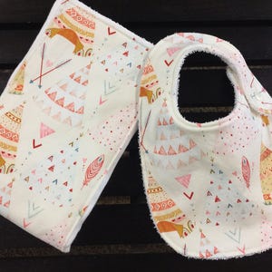 Tribal theme baby girl bib and burp cloth set in tepees