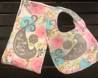 Shabby cottage elegance bib and burp cloth set in pink, gray, and turquoise flowers with a gray partridge