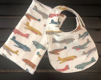 Vintage airplanes baby bib and burp cloth set