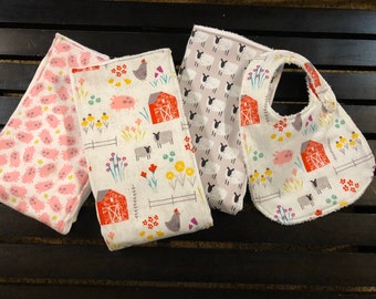 Farm theme baby burp cloth set and bib