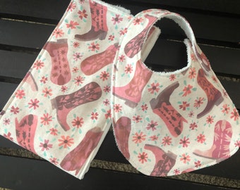 Western style baby girl bib and burp cloth in pink boot fabric