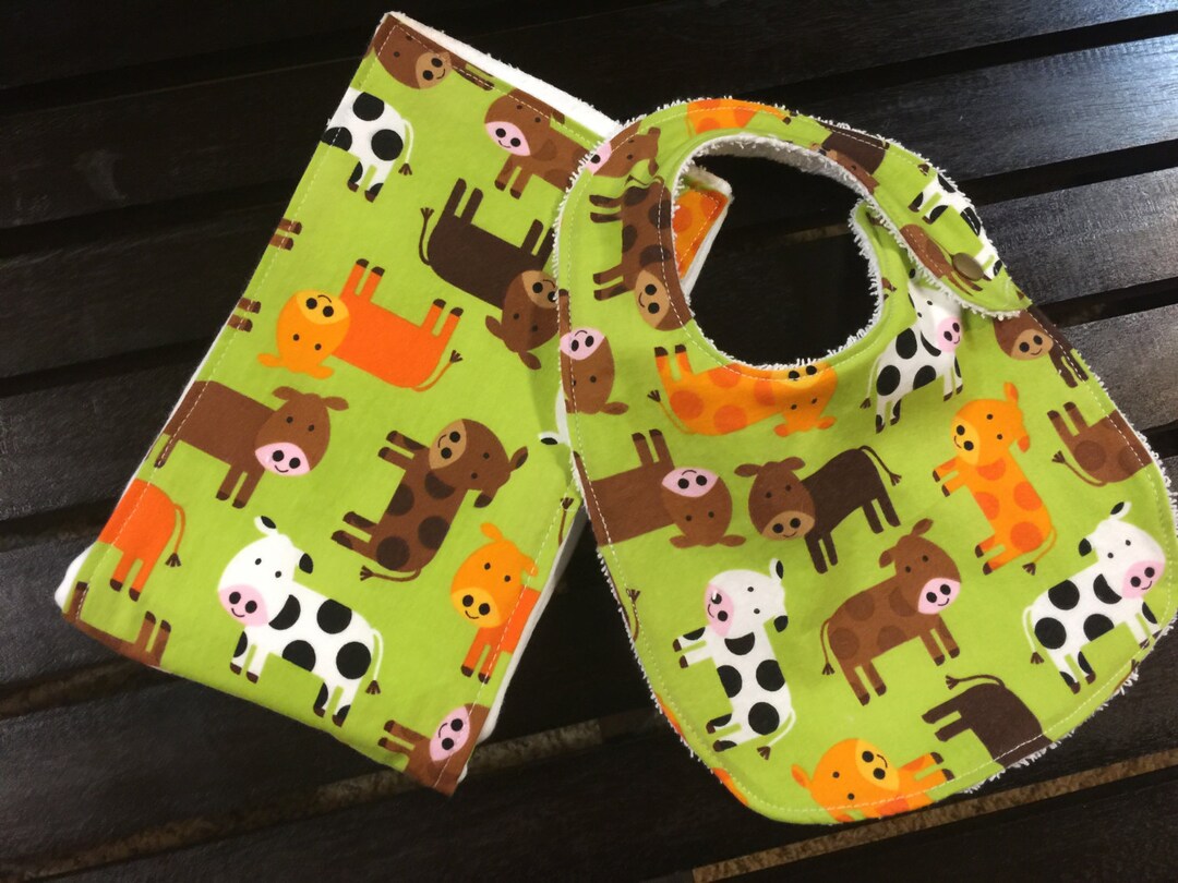 Farm Baby Bib and Burp Cloth in Urban Zoologie Cows on Oso - Etsy