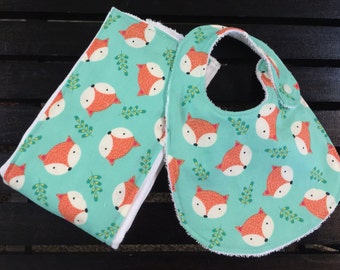 Fox theme baby bib and burp cloth set