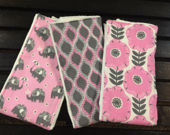 Boho style pink and gray baby girl burp cloths with elephants and flowers