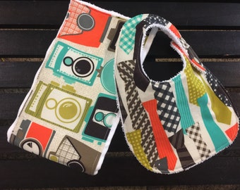 Mod guy tie and camera baby boy bib and burp cloth set