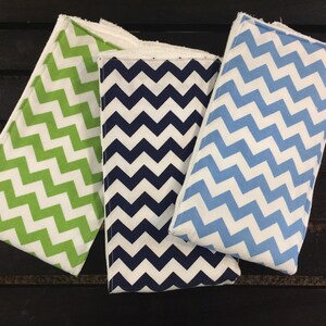 Zig zag baby burp cloths in lime green, navy, and gray