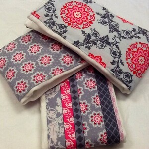 Boho style baby girl burp cloths in gray and hot pink flowers