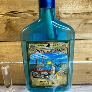 Vintage French blue message in a bottle to moscow Russia ~ French plastic Saint malo bottle ~