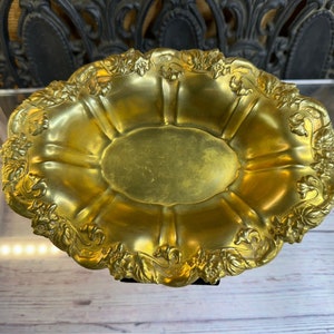 Vintage embossed brass trinket dish tray Jewelry catch all floral flowers art nouveau