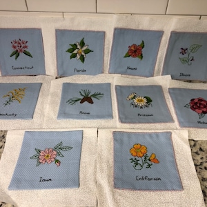 Choose 1 cross stitched state flower square 4 5/8”~ needlepoint needlework ~ quilt pillow