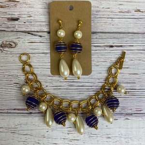 vintage blue gold bracelet earring set ~ faux pearl costume jewelry ~ Goldtone glass ~