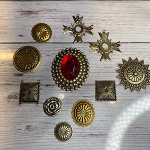 11 Brass stampings embellishments, silver metal stampings jewelry making findings ~ pendant ~ projects crafts ~ plastic findings