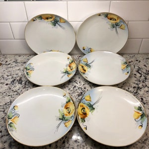 Set of 6 Nippon Plates 8 inch ~ yellow flowers handpainted ~ floral design