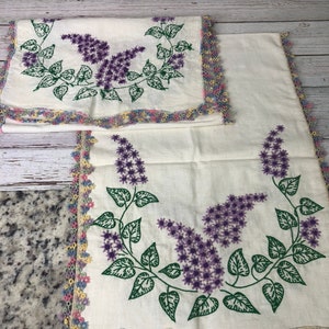 Set of 2 Vintage table runners ~ purple floral ~ multicolored border ~ green leaves