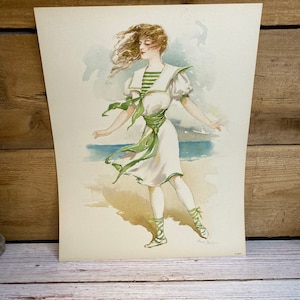 1908 Maud Stumm lithograph litho no. 80C ~ Lady in green at the beach ~ print ~ The gray lith co. N.Y.