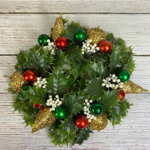 Vintage Holly wreath ~ glitter covered golden apples and pears ~ Christmas holiday Decour decoration