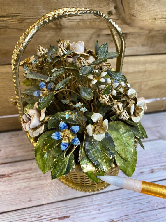 Vintage Jane Hutcheson Gorham Enamel Metal Flower Basket ~ Gold