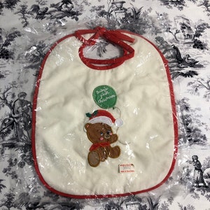 Vintage baby&#39;s first Christmas bib ~ teddy bear ~ house of Hatten Inc ~ still sealed
