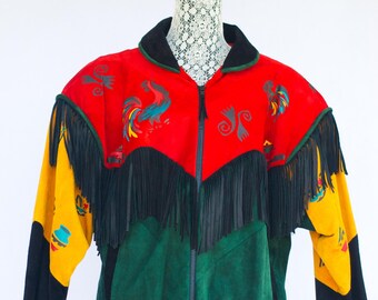 Char Santa Fe Suede Leather Hand painted Southwestern Fringe Avant Garde Bomber Jacket. M