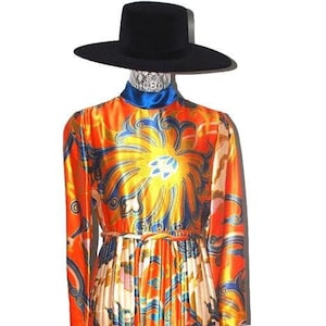 Puede incluir: Vestido largo plisado con un vibrante estampado floral en naranja, amarillo y azul. El vestido tiene mangas largas, cuello alto y cinturón a juego. Un sombrero negro de ala ancha completa el look.