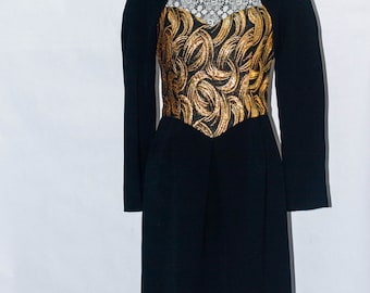 60’s Black Metallic Gold Brocade Chenille Bodice Dress vintage