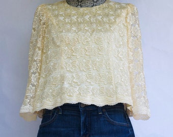 Ivory Embroidered Lace Blouse Cocktail Evening Sailor long Sleeves Scalloped Blouse Vintage S/M