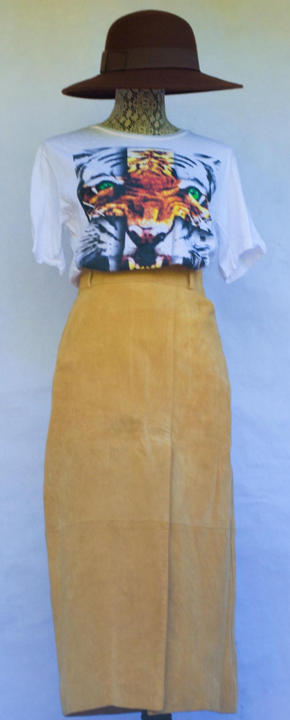 Vintage Tan Suede Split Front Pencil Skirt. S-M.