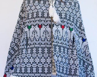 Vintage Black and White Hand-woven Aztec Design Fringed Cape With Tie Tassels