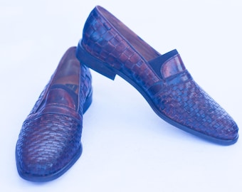 Sesto Meucci  Deadstock Woven Leather Loafer, Dark Cognac. Made In Italy.US size 8.5, UK 6.5, Euro 39.