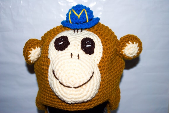 Amigurumi Handmade Crochet Kids Knit Monkey Earflap Hat. 23” Circumference