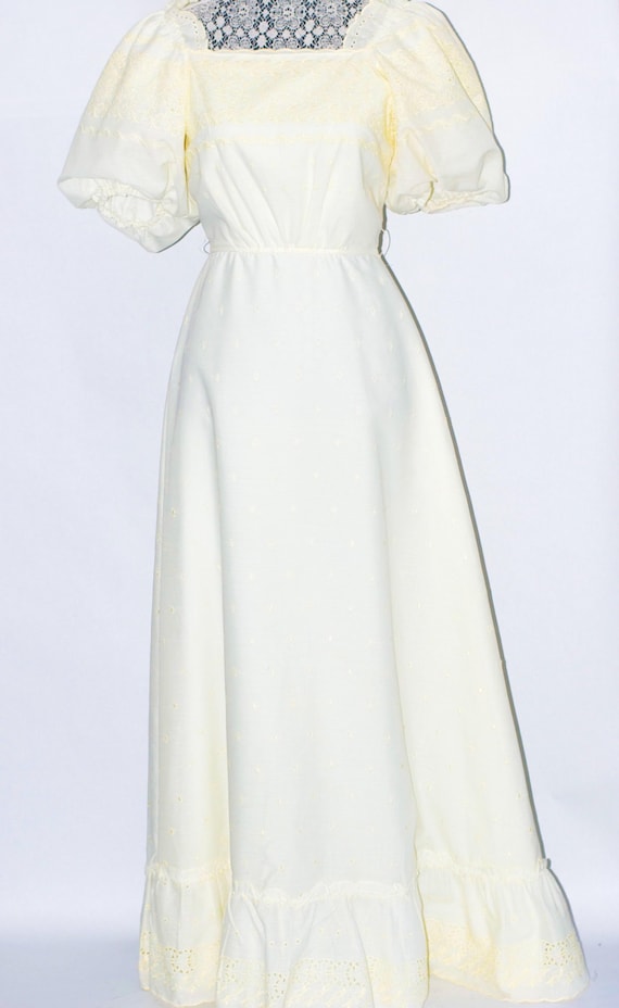 70's Ivory, eyelet, puff-sleeve Wedding Maxi Dres… - image 1